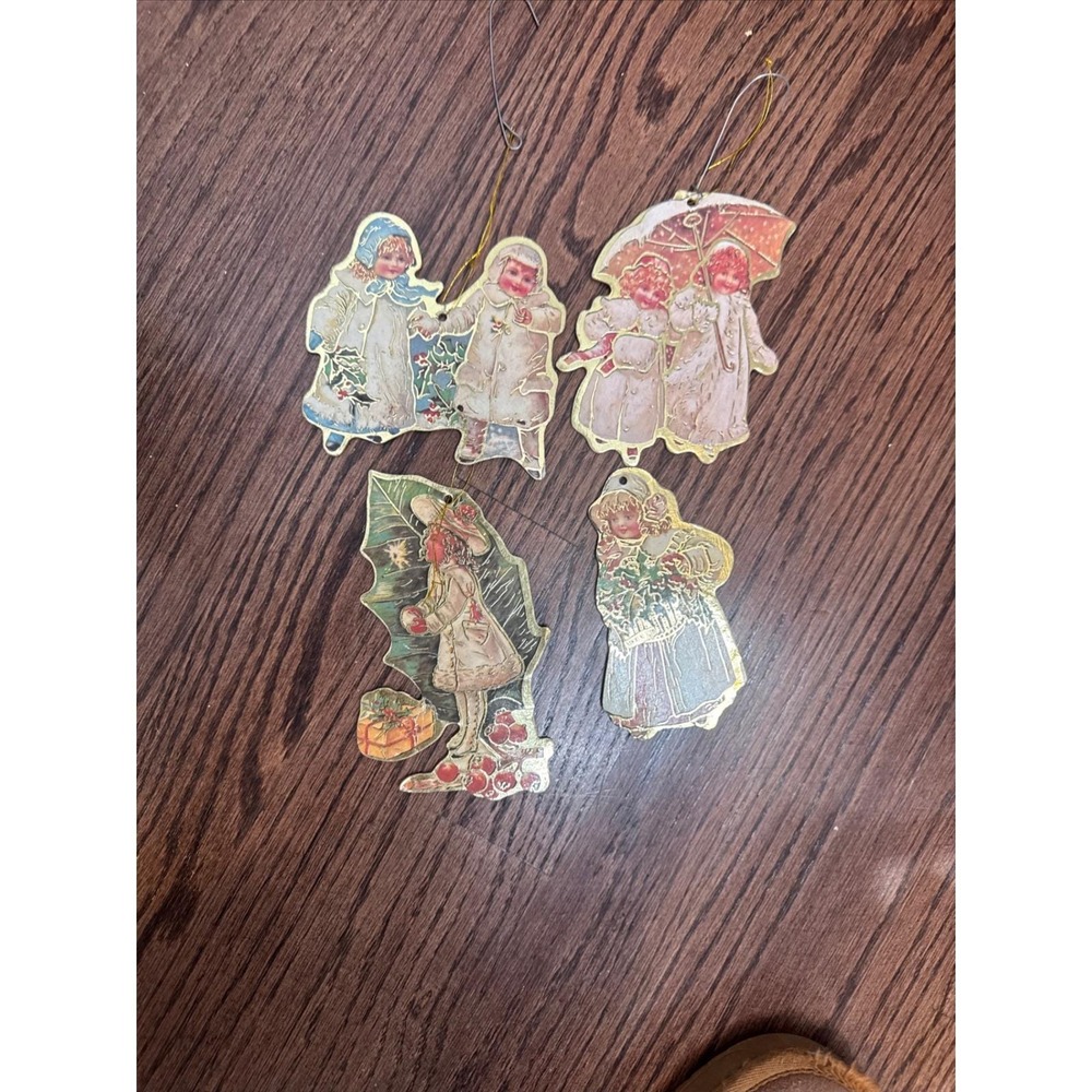 Vintage Christmas Ornaments Die Cut Gold Trim Girls in Holiday Paper Decorations